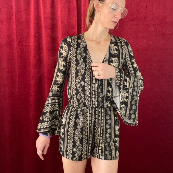 Boho Chic Black and Cream Patterned Romper - Picture 3 of 7